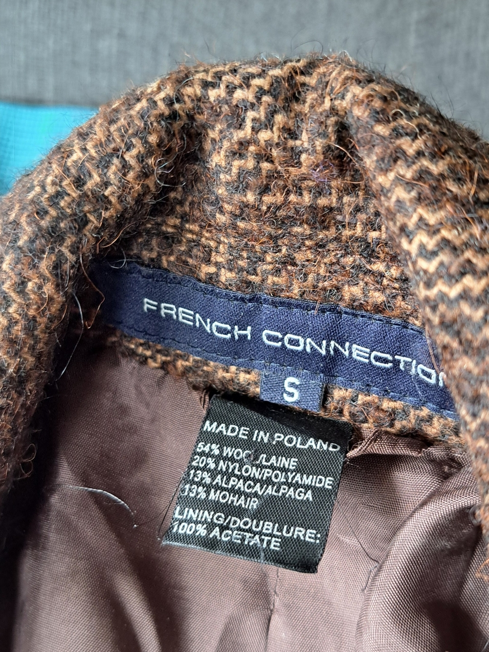 French Connection Assymetrical Brown/Black Herringbone Tweed Jacket